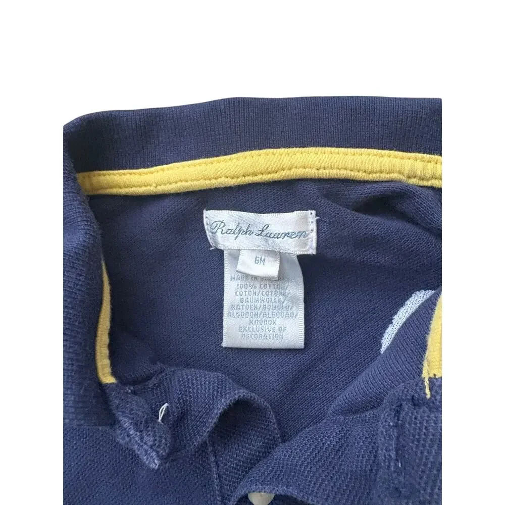 Ralph Lauren Polo Shirt Baby Boy 6m Mesh Pony‎ Navy Blue Yellow Button Placket